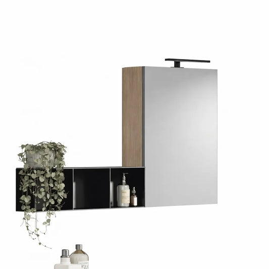 Miroir en noyer avec élément mural gauche avec porte et éclairage intégré