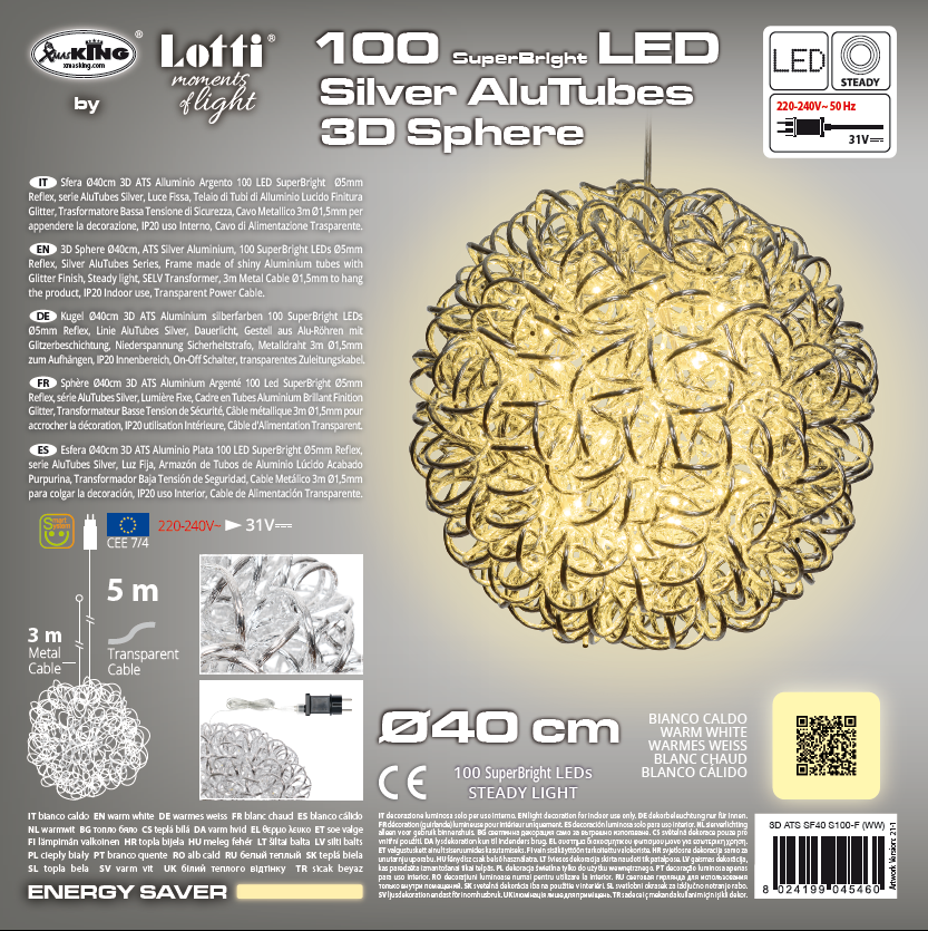 Lumières de Noël ATS Sphère Argentée 100 LED Ø40cm