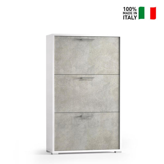 Étagère à chaussures à trois portes pouvant accueillir jusqu'à neuf paires de chaussures blanches avec portes en béton