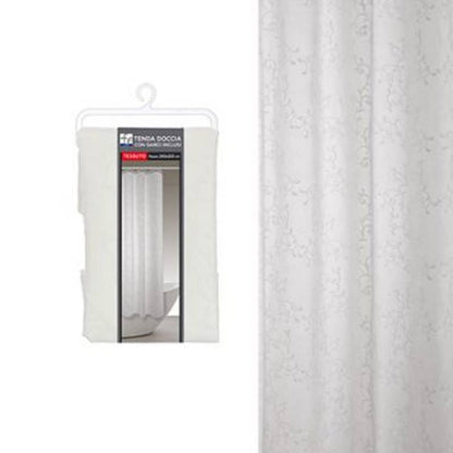 Rideau de douche à motif branches géométriques en tissu mesurant 240 x 200 cm.