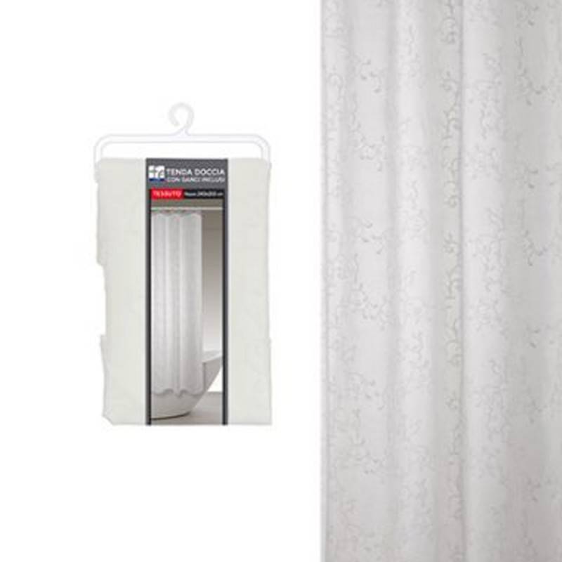 Rideau de douche à motif branches géométriques en tissu mesurant 240 x 200 cm.