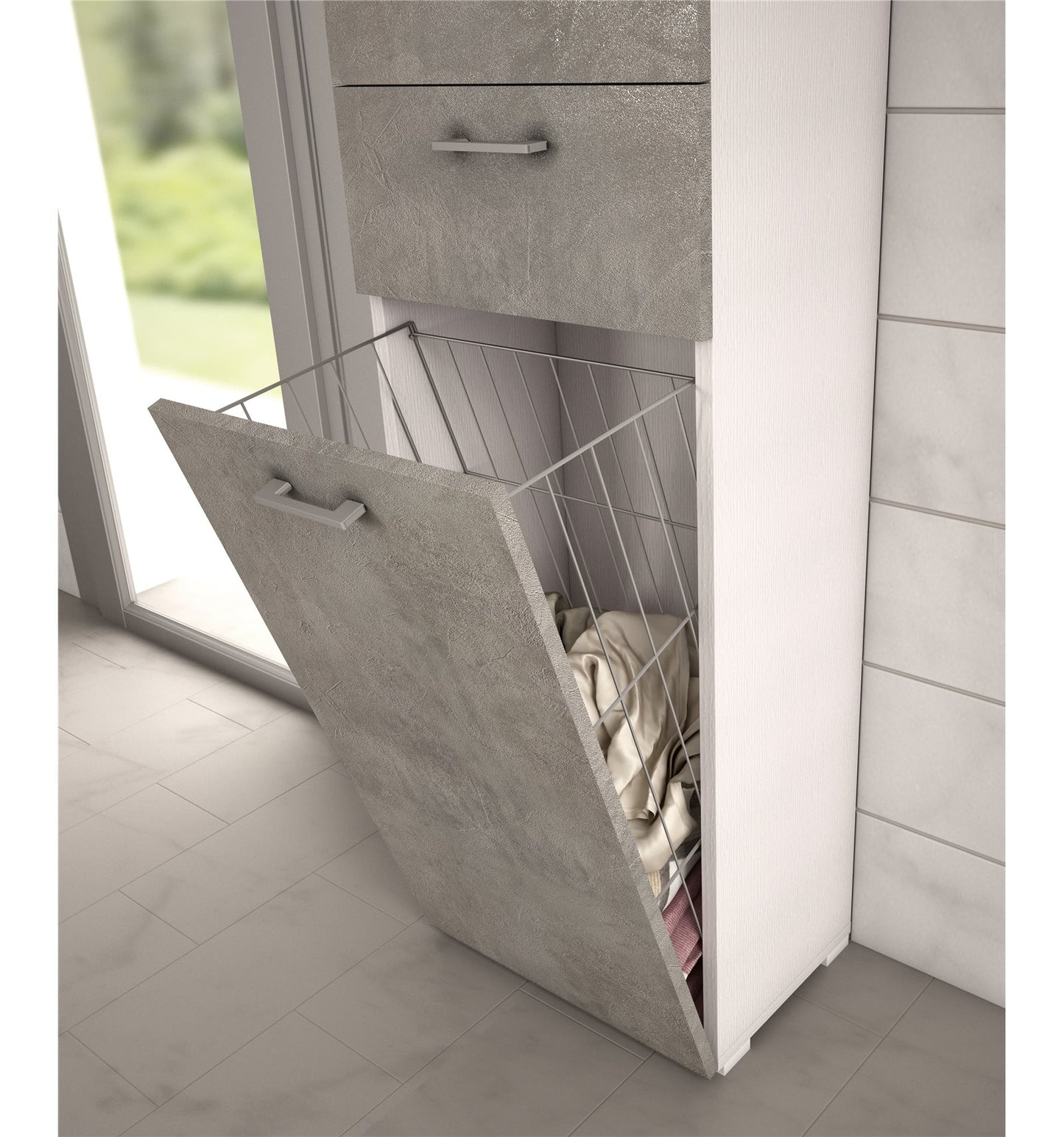 Armoire polyvalente avec panier à linge blanc avec porte en béton