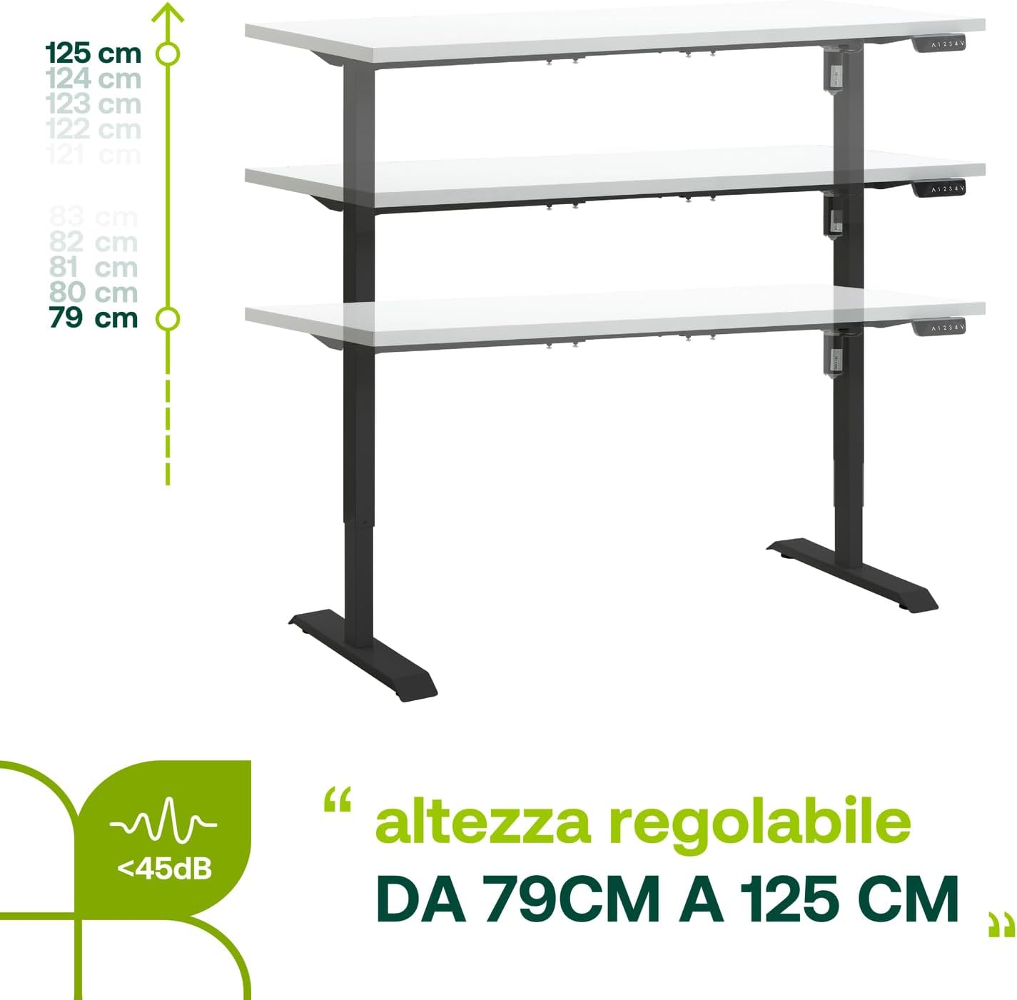 Bureau debout réglable en hauteur avec 4 hauteurs d'affichage intégrées (150x69 cm) laqué blanc et noir