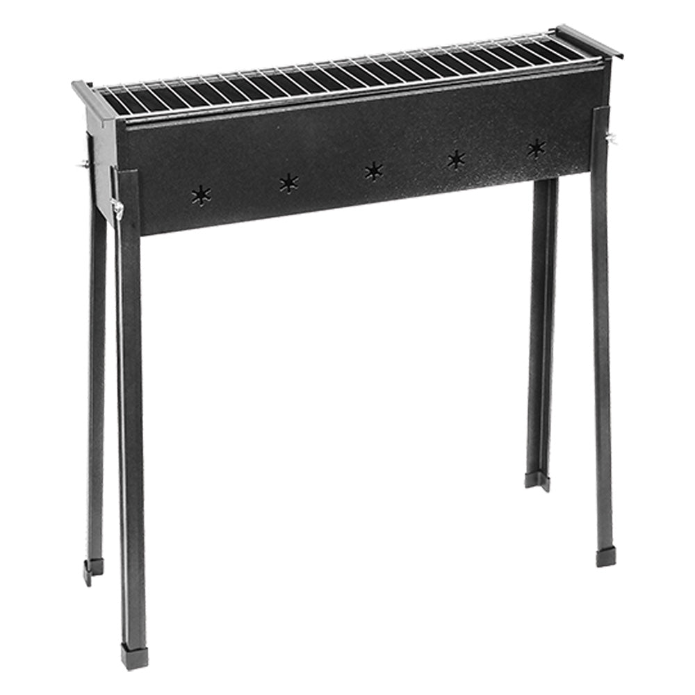 En fer peint. Complet avec grille en acier. Convient pour griller des brochettes de viande, de poisson et de légumes.