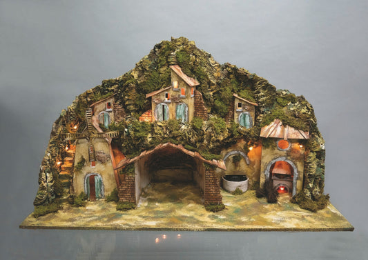 Paysage pour crèche Cm.42X96X58H avec fontaine, moulin, feu, 10 lumières décoration de Noël