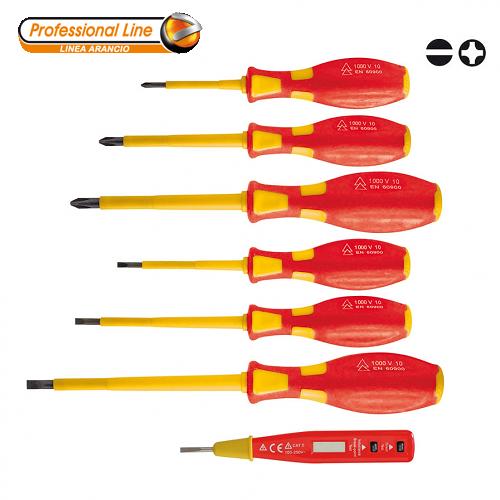 Jeu de tournevis d'électricien isolés Valex Testeur de phase numérique 1000V série 7 pièces.