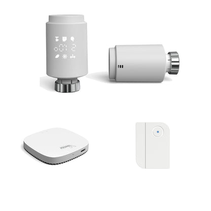Kit de Contrôle Intelligent pour Domotique - 2 Vannes Thermostatiques, 1 Passerelle et 1 Capteur Porte et Fenêtre - Dimensions : 193x130x105 mm