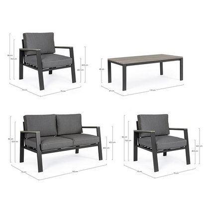 Salon Belmar Gris-anthracite - Fauteuil 73x75x84h, Canapé 132x75x84h, Table 110x57x40h