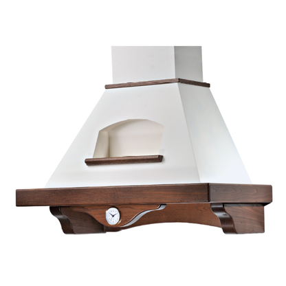 Hotte de cuisine rustique blanche AIDA avec cadre en bois couleur tabac avec horloge de 90 cm