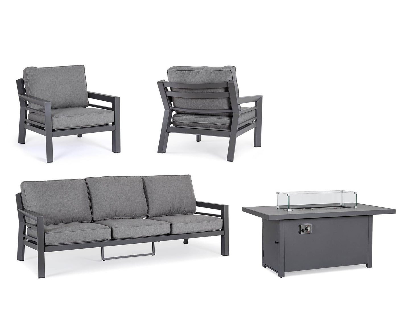 Ensemble de salon 4 pièces avec coussin Hendrix anthracite en aluminium, acier, verre et polyester