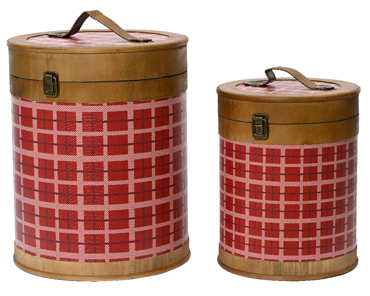 Boîte de rangement à imprimé damier avec serrure en cuivre et poignée en simili cuir marron 30 x 30 x 38 cm