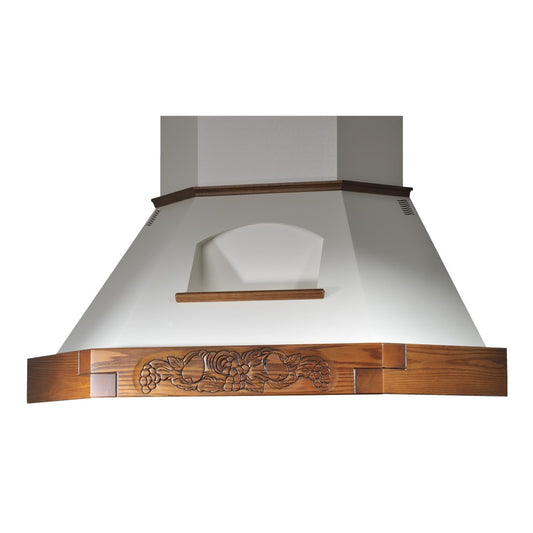 Hotte de cuisine d'angle rustique blanche EPOQUE avec cadre en bois incrusté couleur tabac 100x100 cm