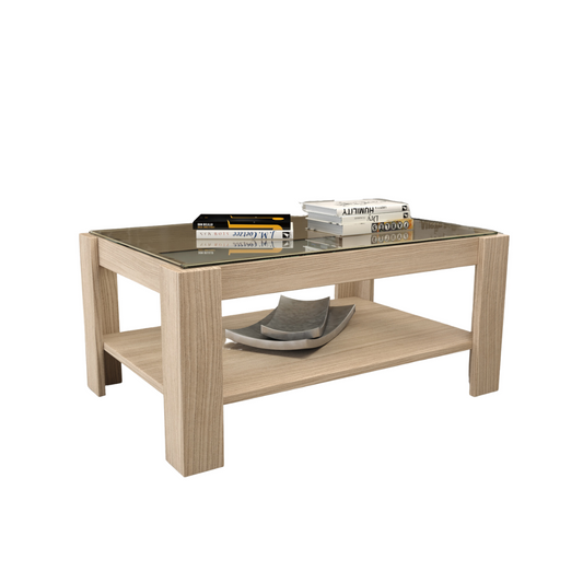 Table basse de salon avec étagère en verre couleur orme H41x90x60cm