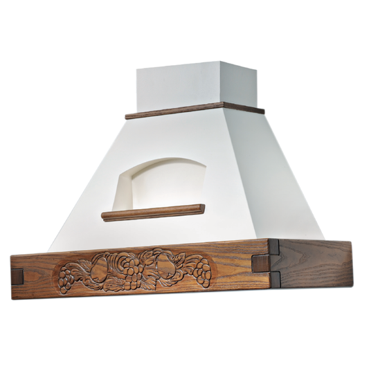 Hotte de cuisine rustique blanche EPOQUE avec cadre en bois incrusté couleur tabac 120 cm