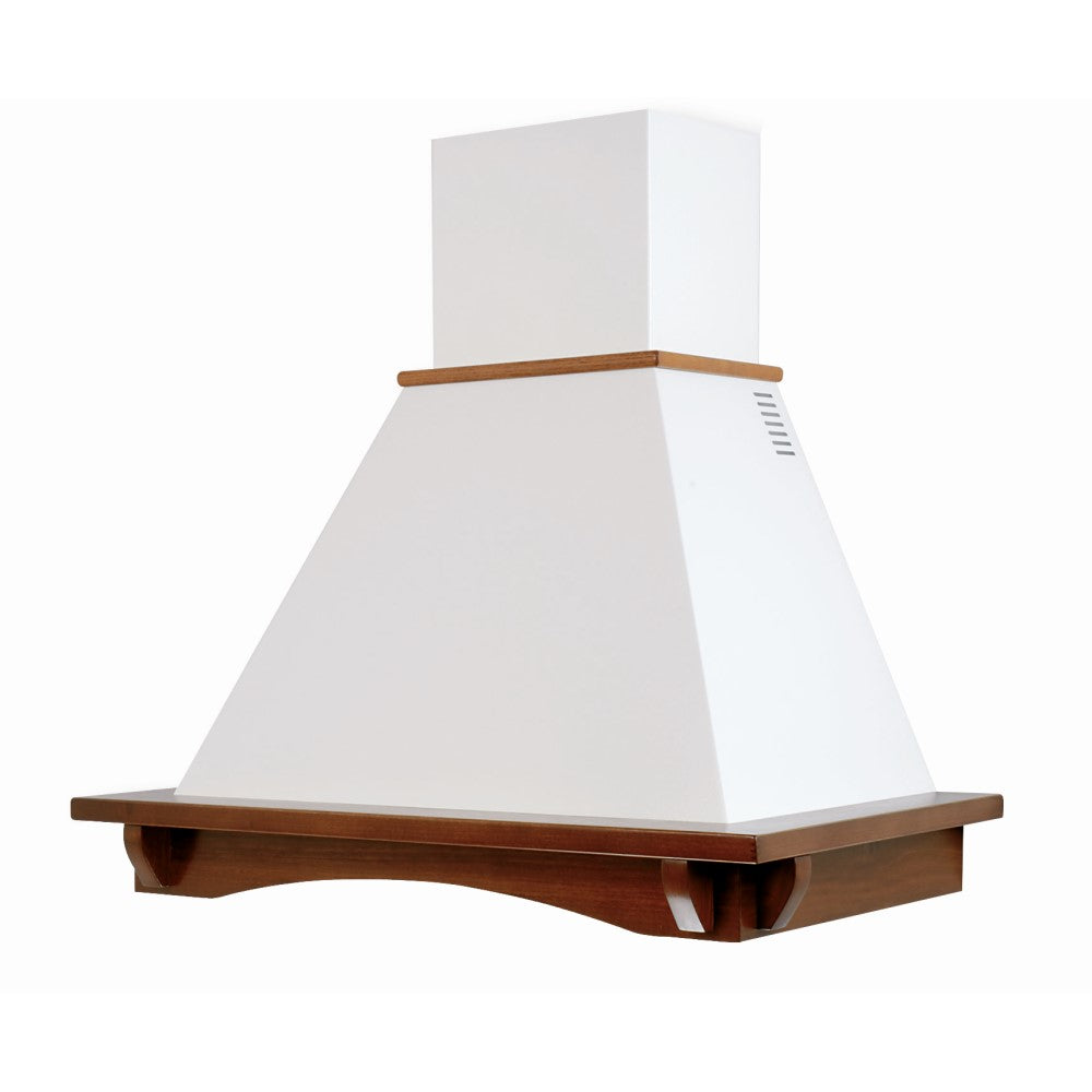Hotte de cuisine rustique blanche CASTELLO avec cadre en bois incrusté couleur tabac 90 cm