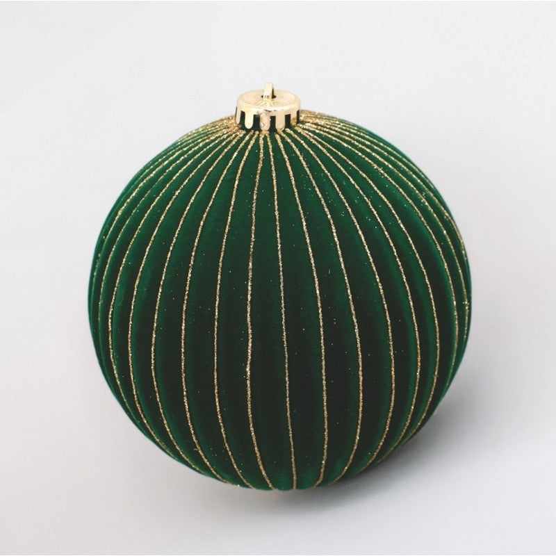 Sfera natalizia in velluto verde scuro con righe oro Ø20 cm