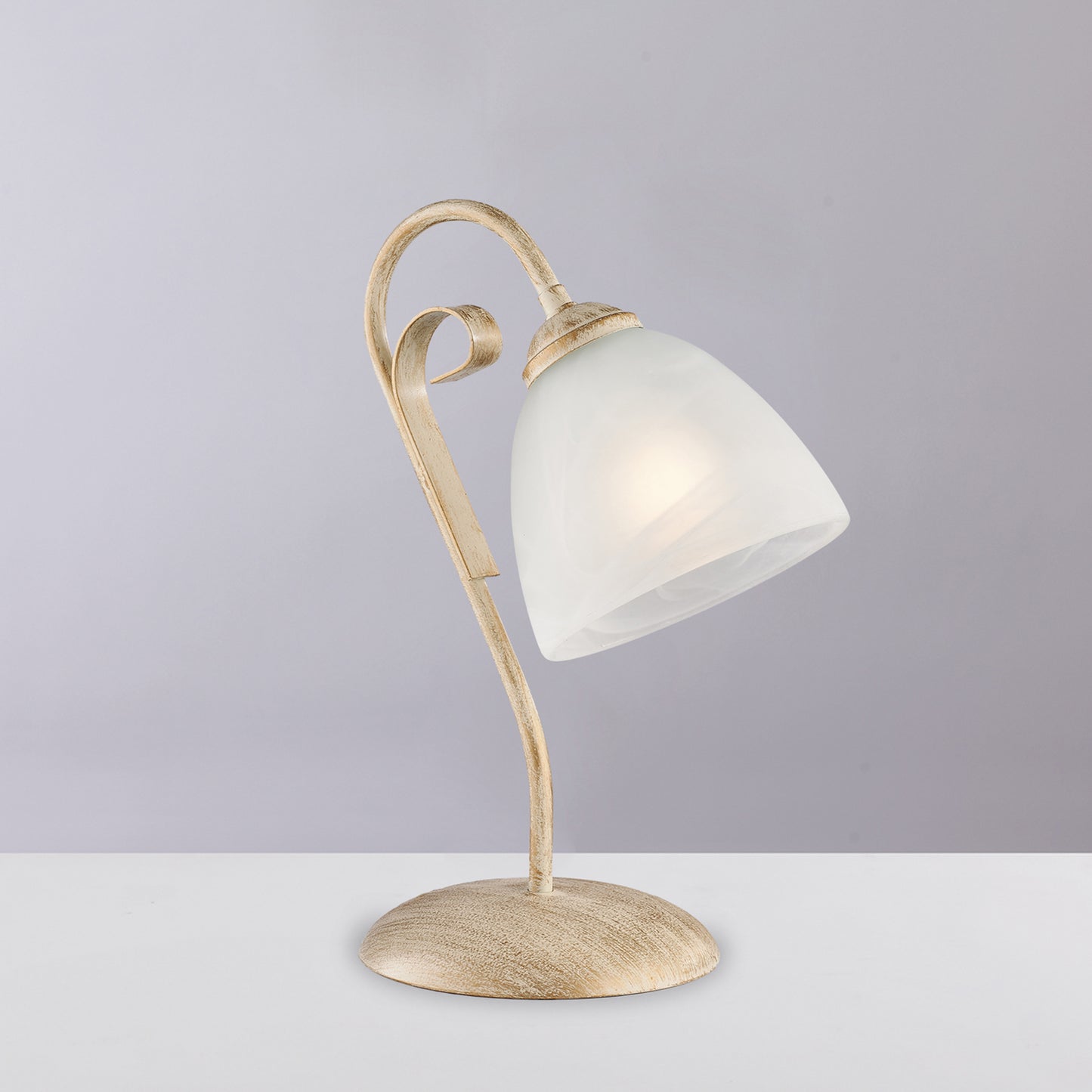 Lampe de table en fer laqué ivoire décor or antique et diffuseur en verre diamètre 13 albâtre blanc 1 lumière H.30 - Ø23