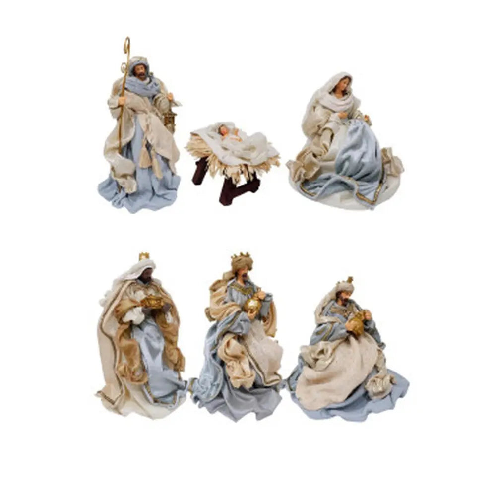 Set Natività Honest 6 figure beige e azzurro H4,5-28 cm