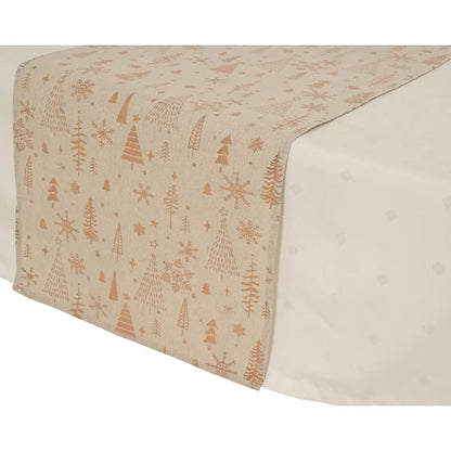 Runner da tavola beige con alberi, stelle e fiocchi 150 × 32 cm