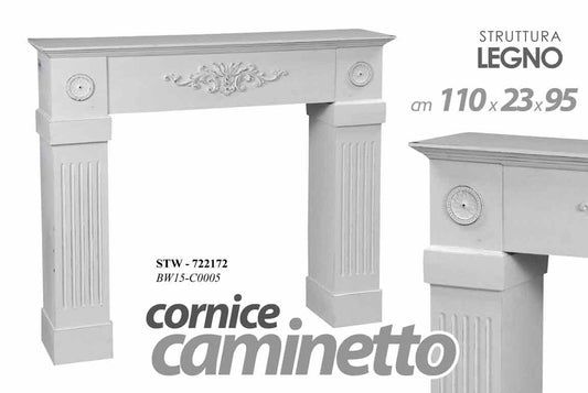 Cornice finto camino legno shabby bianco cm 110x23x95