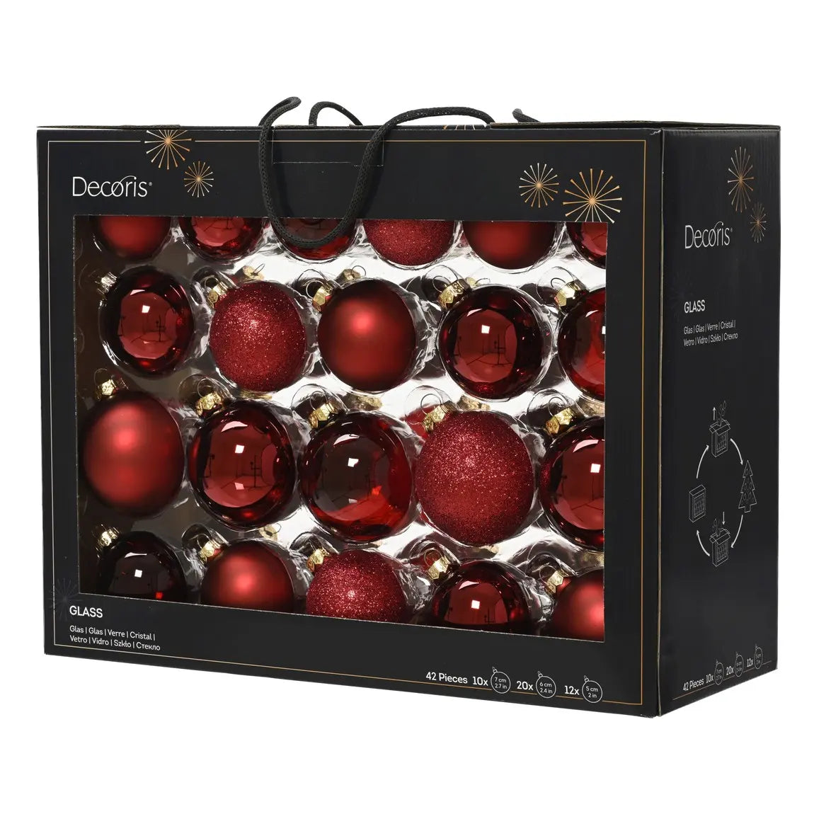 Box 42 palline di Natale in vetro rosso scuro lucide, opache e trasparenti Ø7 cm