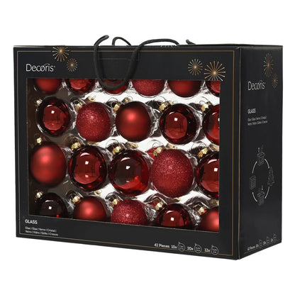 Box 42 palline di Natale in vetro rosso scuro lucide, opache e trasparenti Ø7 cm