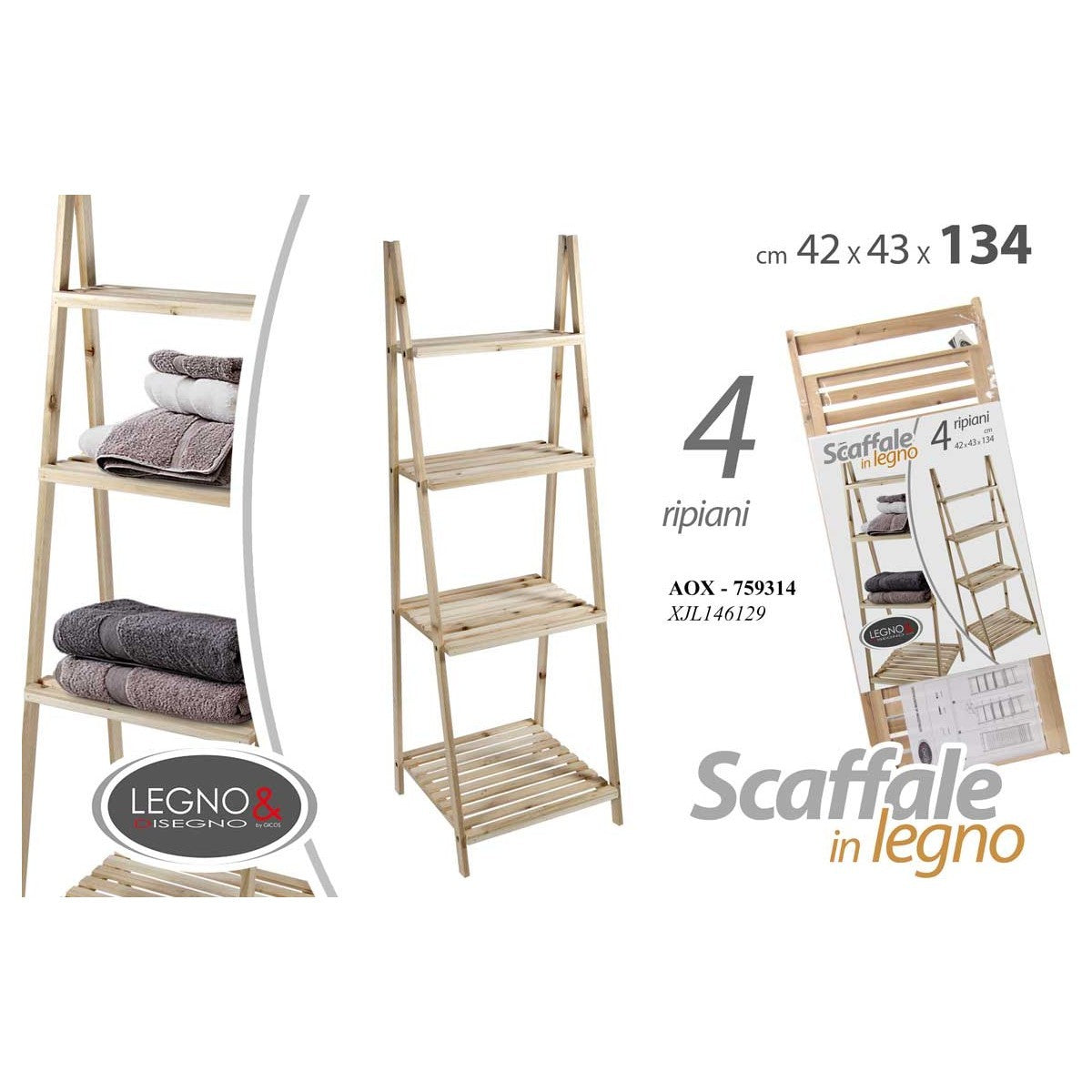 Mobile scaffale 4 mensole cm 42x43x134h