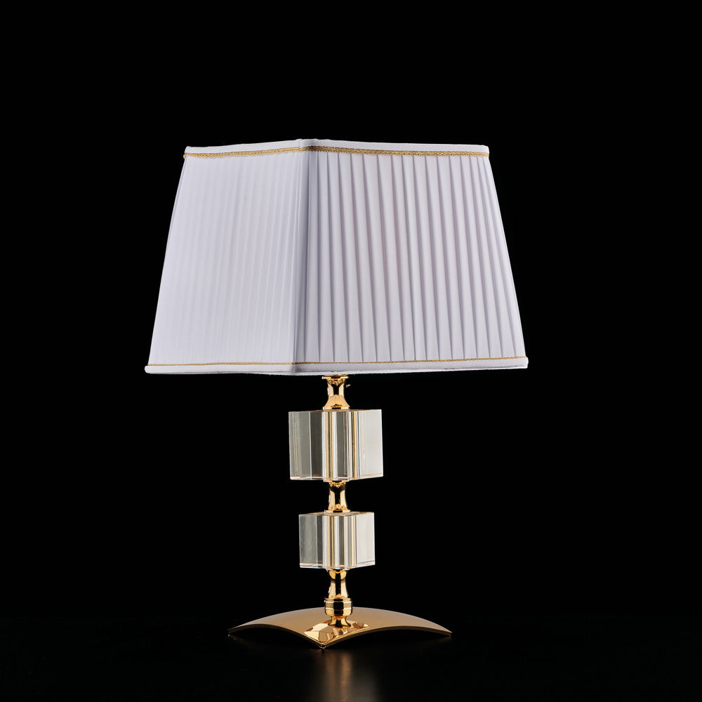 Lampe de table cristal cubique, fer doré, abat-jour Ø20 H36 cm