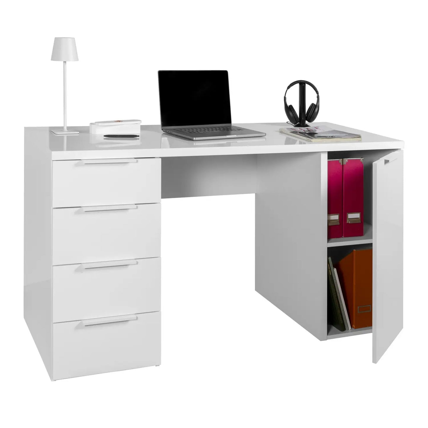 Bureau avec 4 tiroirs et 1 porte laquée blanc 146x60x75 h cm