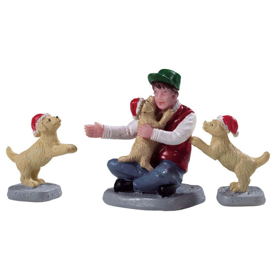 Set 3 statuette Lemax bambino con cuccioli H4 cm