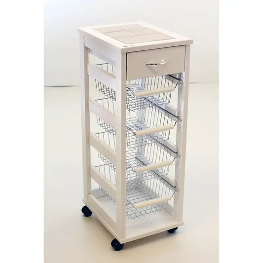 Carrello salvaspazio Vesuvio bianco in faggio con cassetto e cestelli cromati