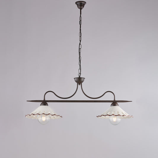 Lampadario nero ruggine, ceramica bianco marrone, 2 luci, L.83x30 cm
