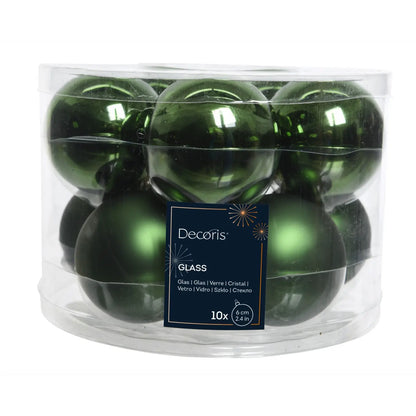 Box 10 palline di Natale in vetro verde pino lucide e opache Ø6 cm