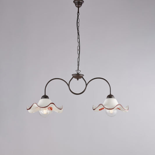 Lampadario in ferro laccato nero e decorazione ruggine con diffusori in ceramica diametro 30 bianco e marrone 2 luci H.34 - MAX 94 - L. 81 X 30