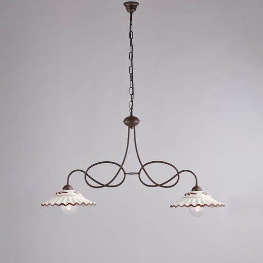 Lampadario nero ruggine, ceramica bianco marrone, 2 luci, L.98x30 cm