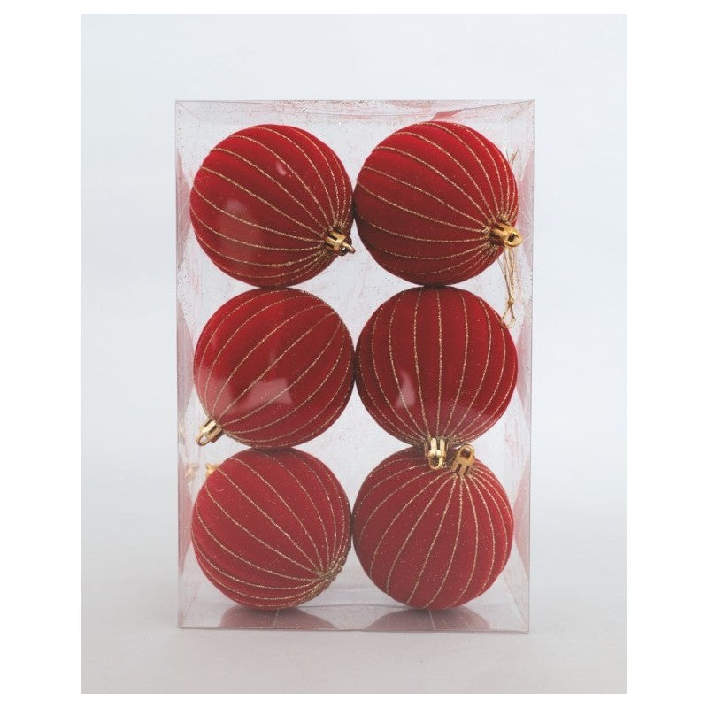 Set 6 sfere natalizie in velluto rosso con righe oro Ø8 cm