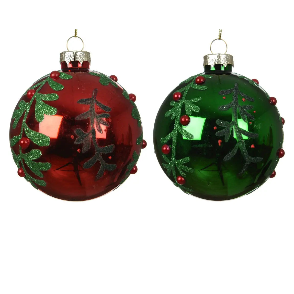 Sfera natalizia in vetro con foglie rosse e verdi Ø8 cm – 1 pezzo assortito