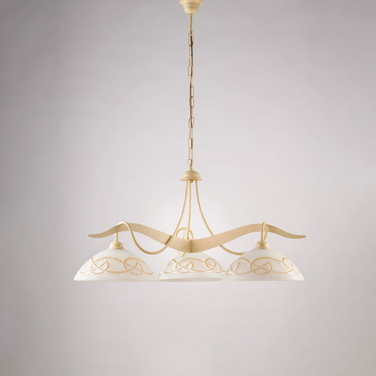 Lampadario avorio decapè, vetro bianco ambra, 3 luci, Ø89, H.46-106 cm