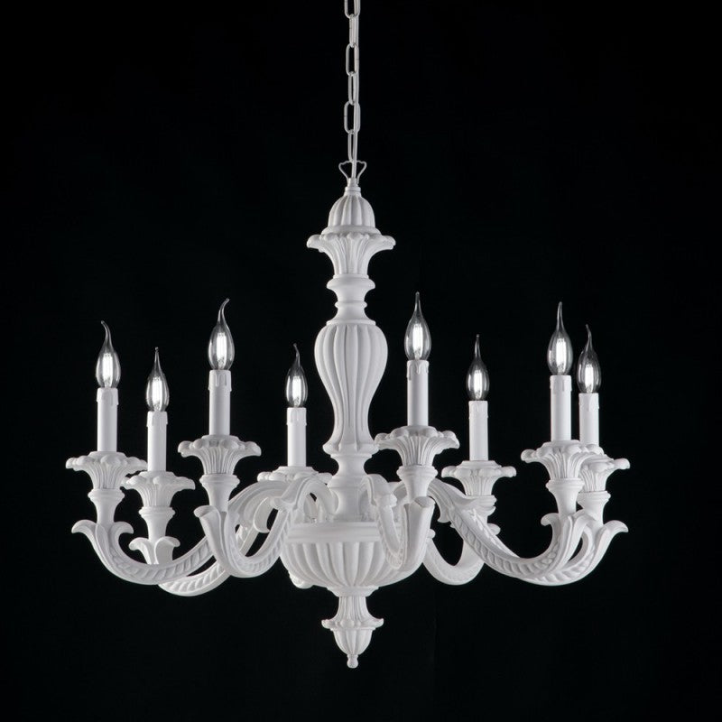 Lustre Empire en bois et pâte de bois blanc shabby 8 lumières
