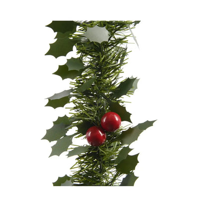 Ghirlanda natalizia in PVC con foglie e bacche verde e rossa Ø10 × H270 cm