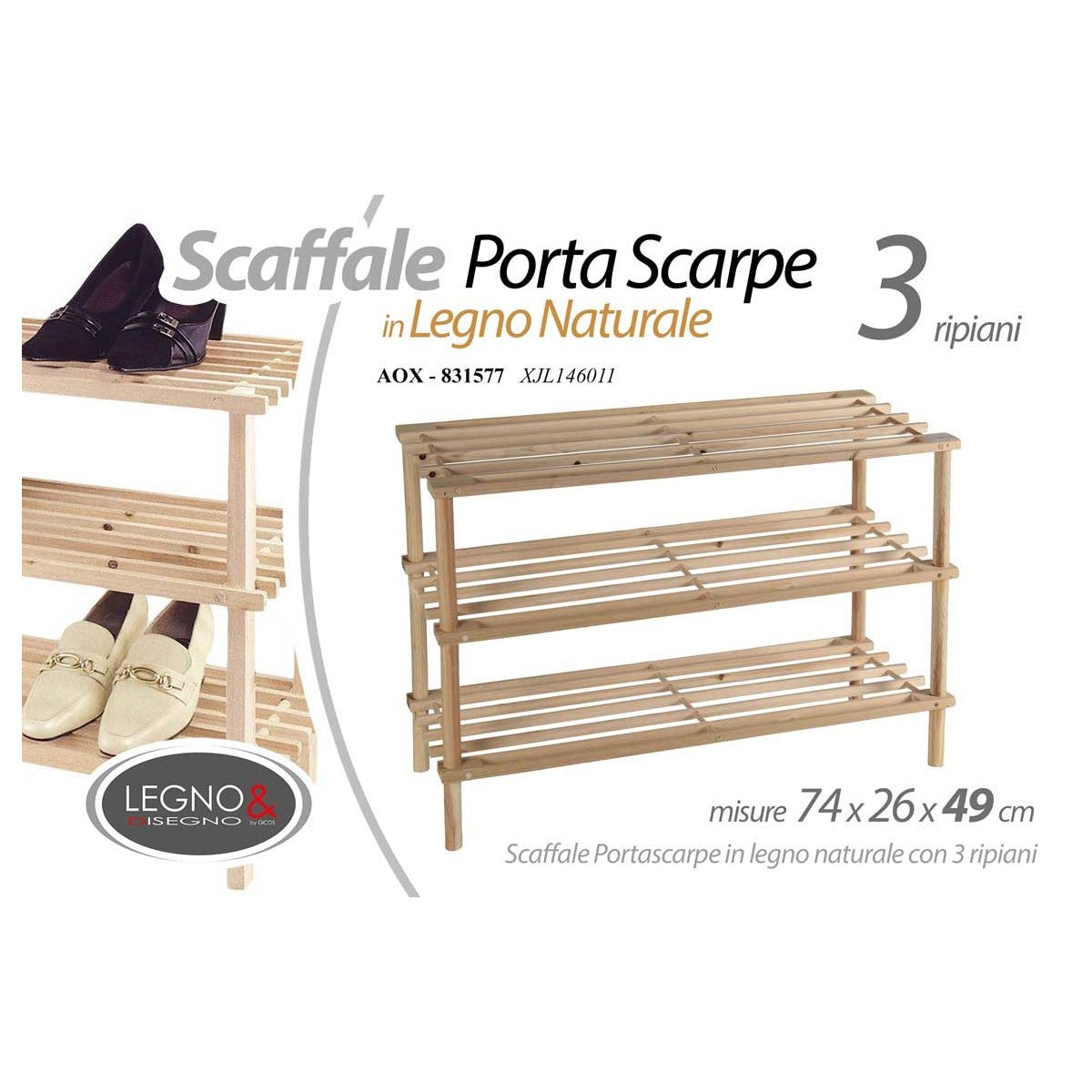 Porta scarpe 3 ripiani legno 74x26x49 cm