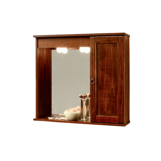 Miroir en noyer avec élément mural droit avec porte et éclairage LED intégré 69x63x16 cm