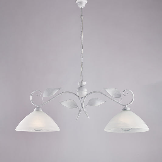 Lampadario Ferro Bianco Argento 2 Luci Vetro Ø30 H36-96 L96x30 cm