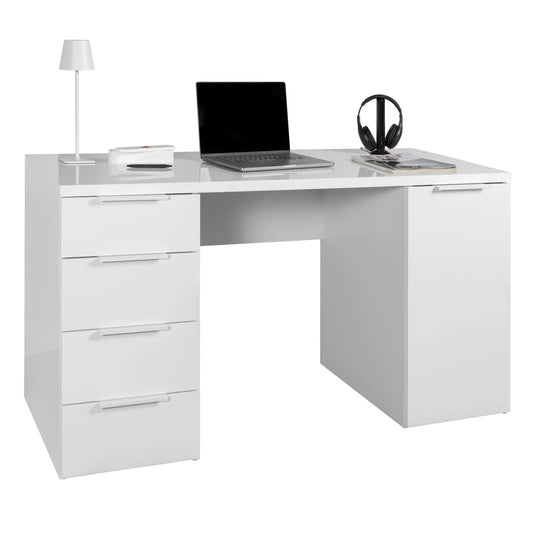 Bureau avec 4 tiroirs et 1 porte laquée blanc 146x60x75 h cm