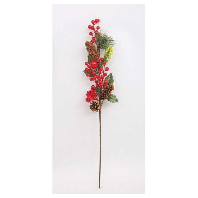 Ramo decorativo natalizio con bacche rosse e pigne naturali H74 cm