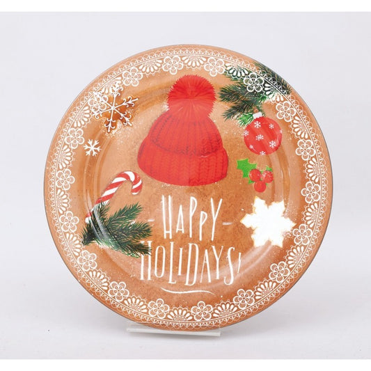 Assiette décorative en PVC marron Ø33 cm avec bonnet de Noël