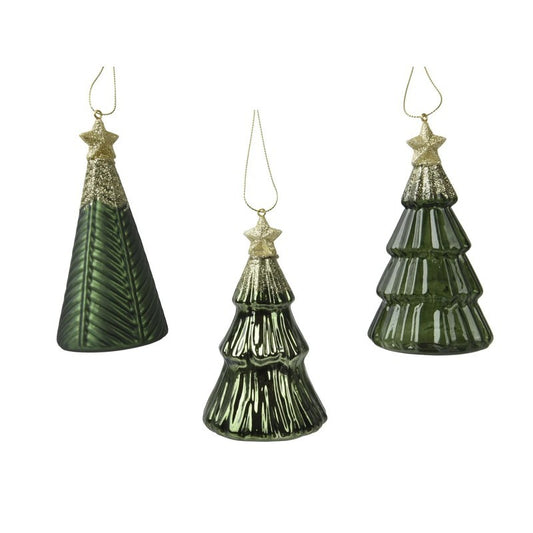 Pendente albero di Natale in vetro glitterato oro e verde H12.6 cm 3 assortiti
