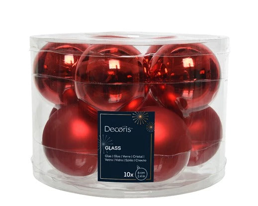 Boîte de 10 boules de Noël en verre rouge satiné brillant, 6 cm