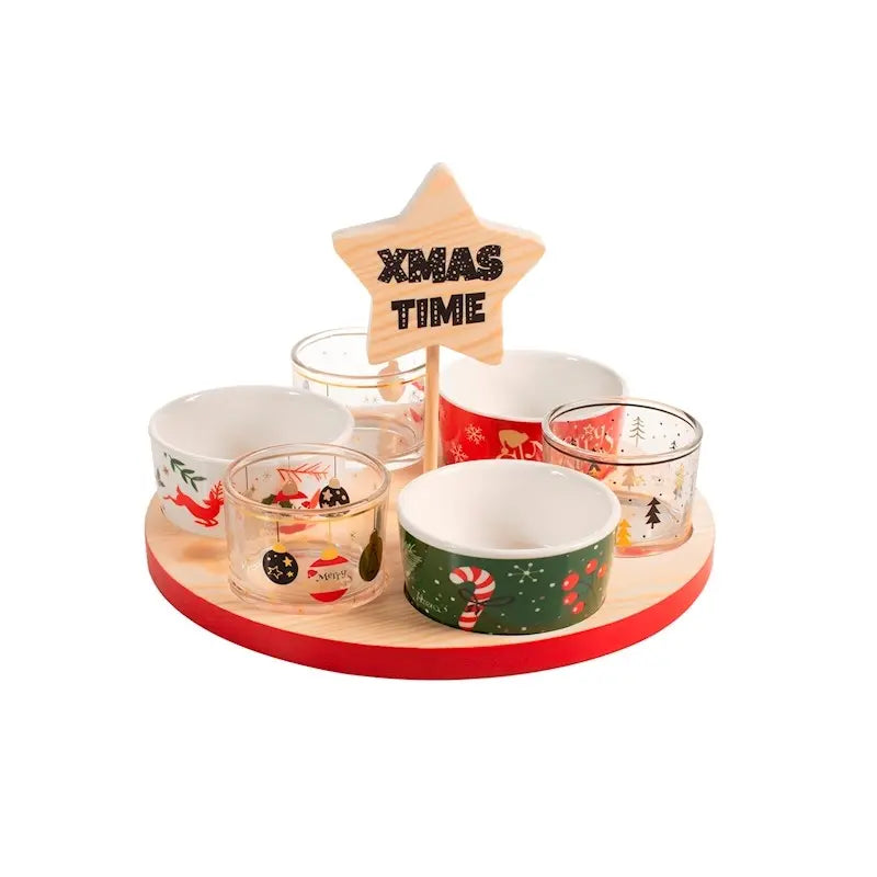Service apéritif de Noël 8 pièces avec plateau rond en bambou, 25 cm