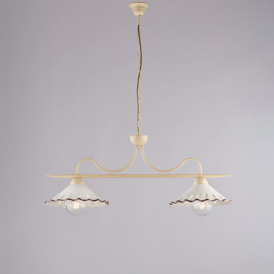 Lampadario avorio decapè, ceramica bianco marrone, 2 luci, L.83x30 cm